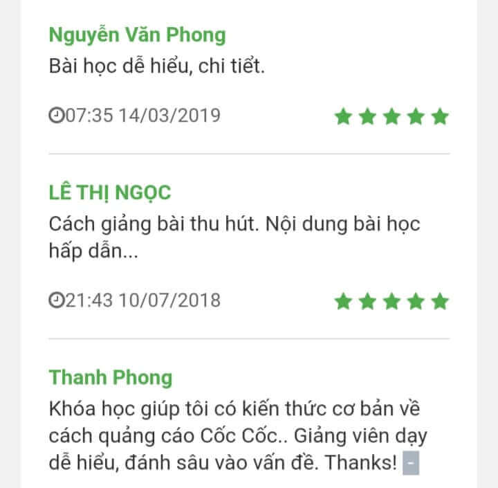Khóa học digital marketing online Phản hồi của học viên